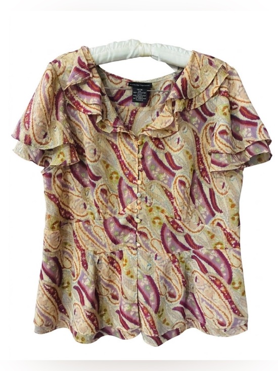 Vintage Tops - Patterned Ruffle Sleeve Blouse - Multicolor